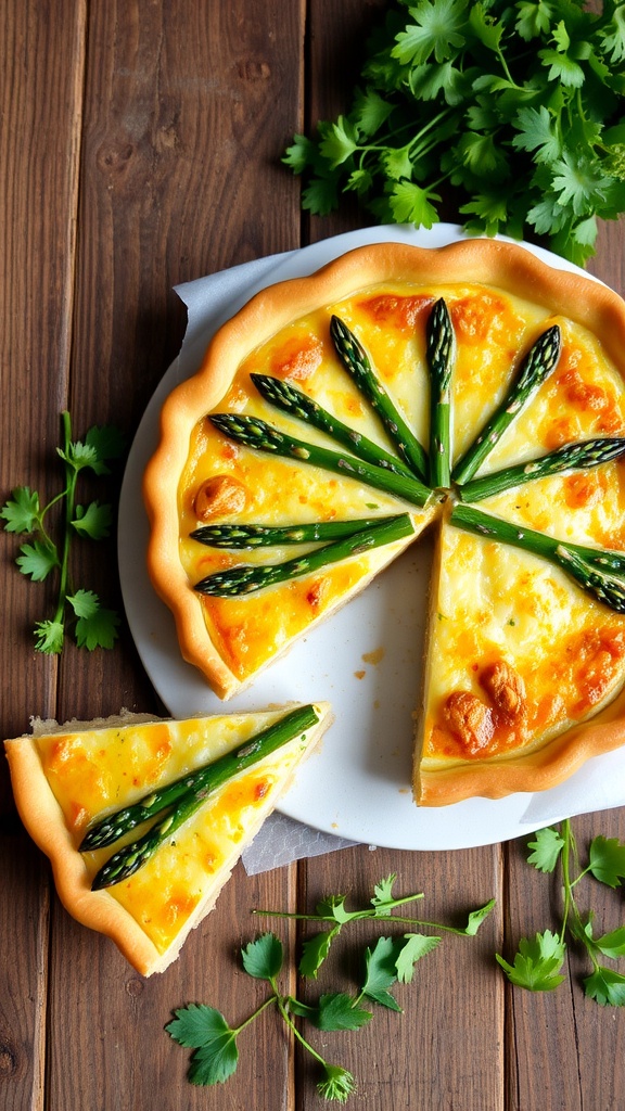 Asparagus quiche with golden crust and melted cheese, served with a side salad on a rustic table.